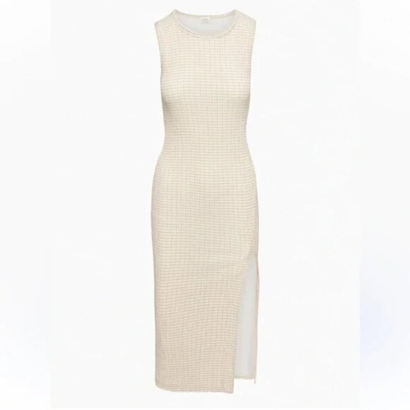 Aritzia Wilfred Verona Gingham Sleeveless Seersucker Midi Beige Size Large - Picture 4 of 10